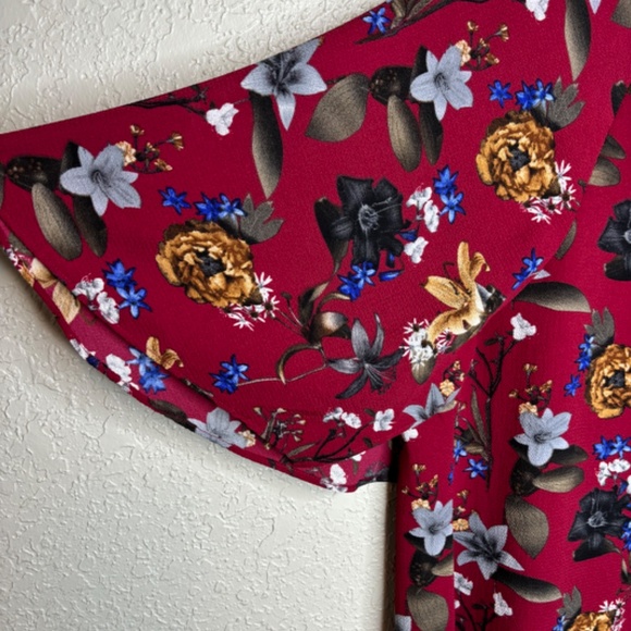 Umgee Red Floral Office Casual Flirty Flutter Sleeves Dress Women's Size… - Picture 7 of 11